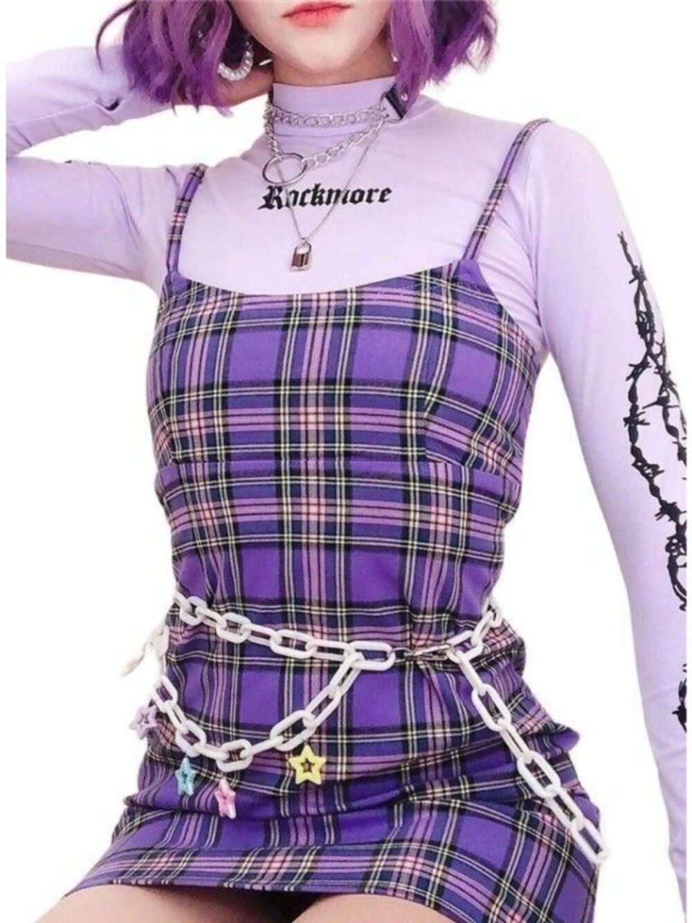 SHEIN Purple Plaid Dress Print Sleeveless Yellow Pink Preppy Mini X-Small